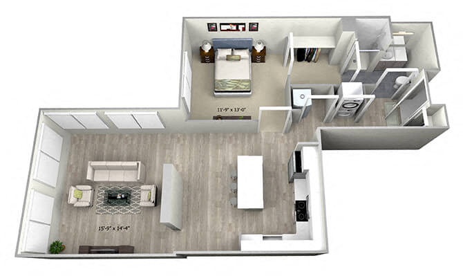 Floor plan for 1 bed, 1 bath, 885 sqft